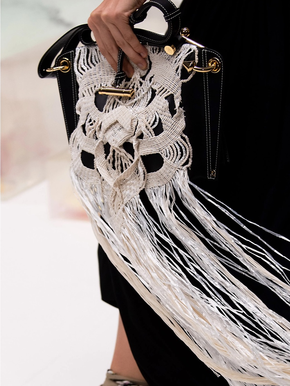 Black Handheld Bag with Ivory Macramé Fringe